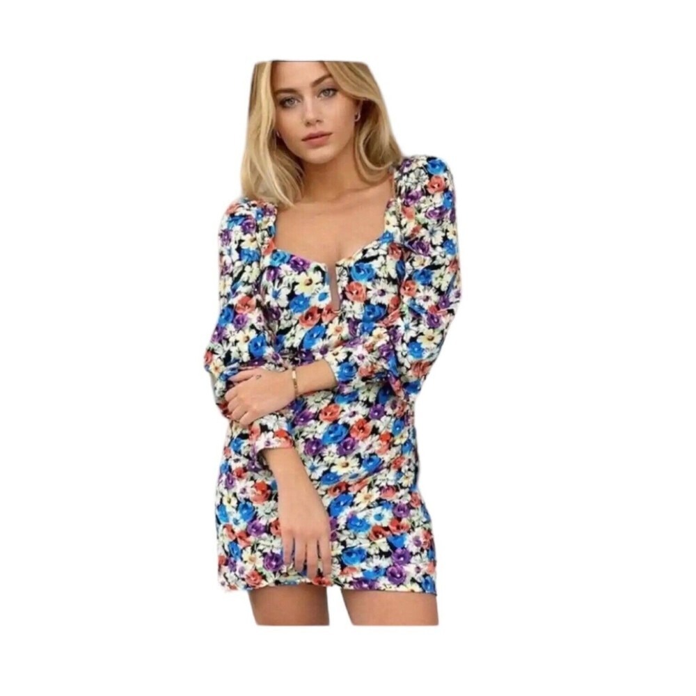 Zara Floral Ruched Mini Dress Womens M‎ Multicolor Puff Sleeve Lined Viscose